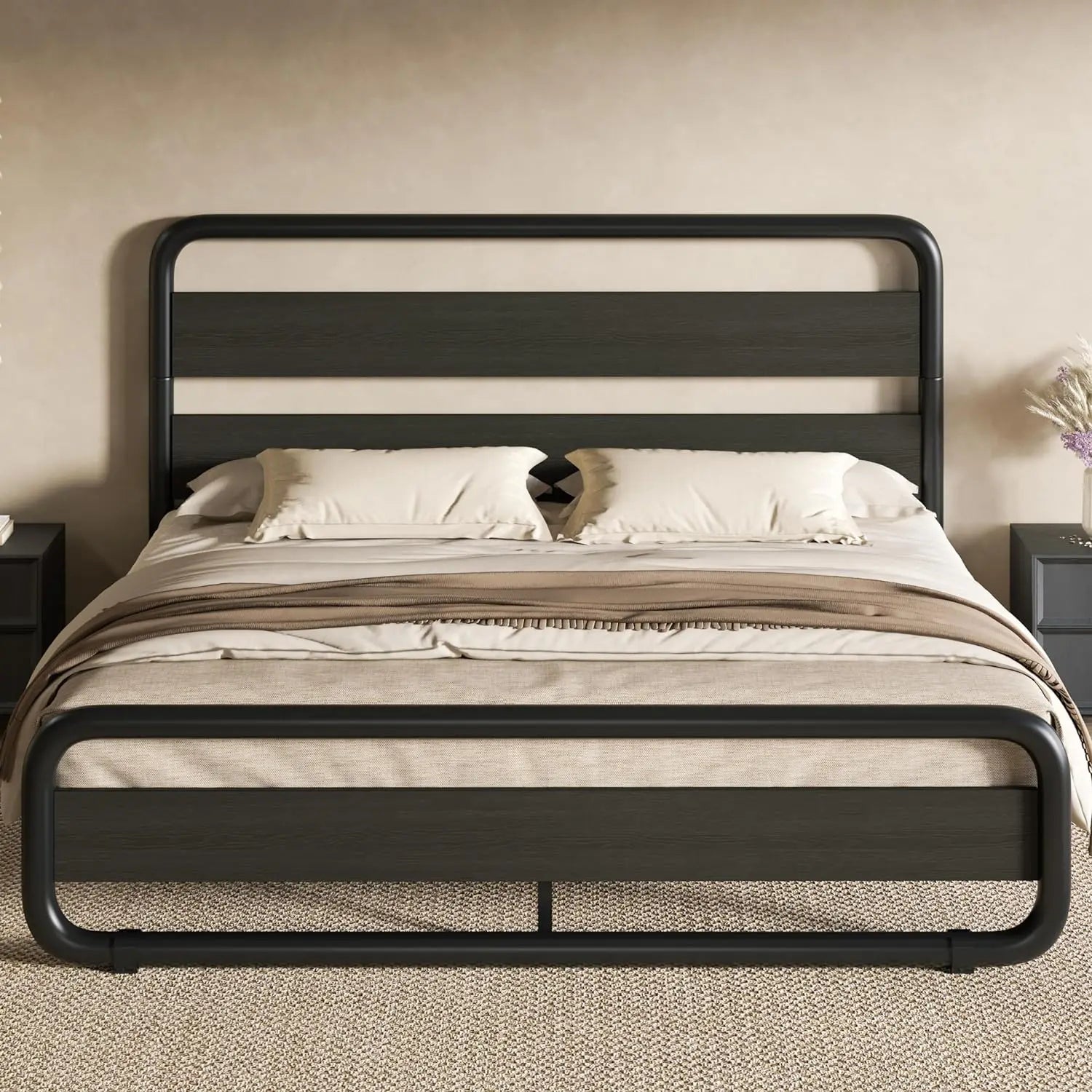 Wooden Headboard Metal Frame Bed